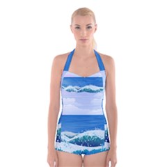 Illustration Landscape Sea Ocean Waves Beach Blue Boyleg Halter Swimsuit  by Mog4mog4