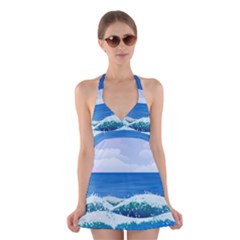 Illustration Landscape Sea Ocean Waves Beach Blue Halter Dress Swimsuit  by Mog4mog4