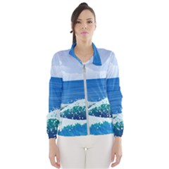 Illustration Landscape Sea Ocean Waves Beach Blue Women s Windbreaker