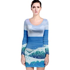 Illustration Landscape Sea Ocean Waves Beach Blue Long Sleeve Velvet Bodycon Dress