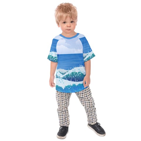 Illustration Landscape Sea Ocean Waves Beach Blue Kids  Raglan Tee by Mog4mog4