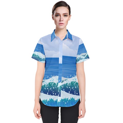 Illustration Landscape Sea Ocean Waves Beach Blue Women s Short Sleeve Shirt by Mog4mog4