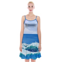 Illustration Landscape Sea Ocean Waves Beach Blue Spaghetti Strap Velvet Dress