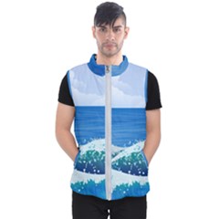 Illustration Landscape Sea Ocean Waves Beach Blue Men s Puffer Vest