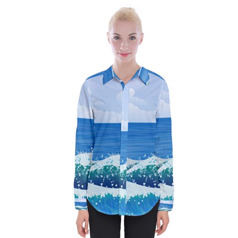 Illustration Landscape Sea Ocean Waves Beach Blue Womens Long Sleeve Shirt by Mog4mog4