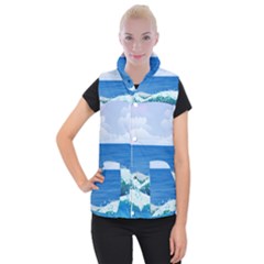 Illustration Landscape Sea Ocean Waves Beach Blue Women s Button Up Vest