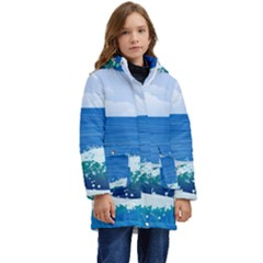 Illustration Landscape Sea Ocean Waves Beach Blue Kids  Hooded Longline Puffer Jacket by Mog4mog4