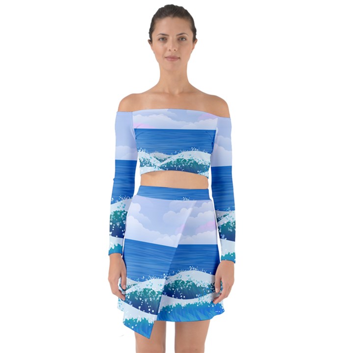 Illustration Landscape Sea Ocean Waves Beach Blue Off Shoulder Top with Skirt Set