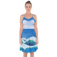 Illustration Landscape Sea Ocean Waves Beach Blue Ruffle Detail Chiffon Dress by Mog4mog4