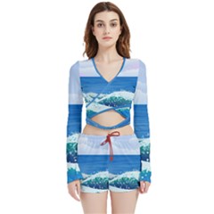 Illustration Landscape Sea Ocean Waves Beach Blue Velvet Wrap Crop Top And Shorts Set by Mog4mog4