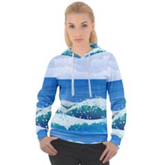 Illustration Landscape Sea Ocean Waves Beach Blue Women s Overhead Hoodie