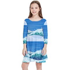 Illustration Landscape Sea Ocean Waves Beach Blue Kids  Quarter Sleeve Skater Dress by Mog4mog4