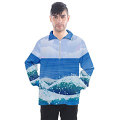 Illustration Landscape Sea Ocean Waves Beach Blue Men s Half Zip Pullover