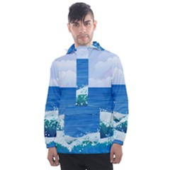 Illustration Landscape Sea Ocean Waves Beach Blue Men s Front Pocket Pullover Windbreaker