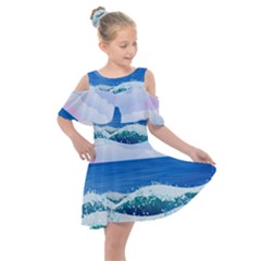 Illustration Landscape Sea Ocean Waves Beach Blue Kids  Shoulder Cutout Chiffon Dress by Mog4mog4