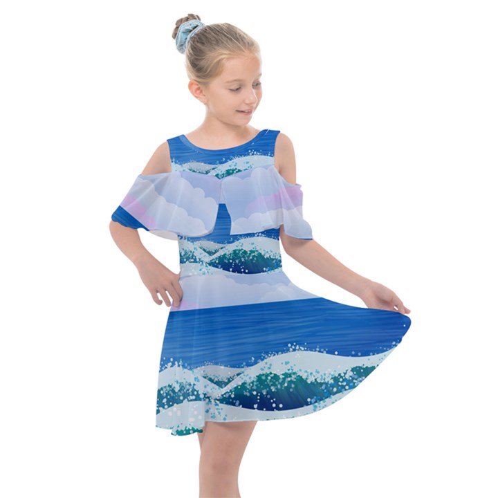 Illustration Landscape Sea Ocean Waves Beach Blue Kids  Shoulder Cutout Chiffon Dress