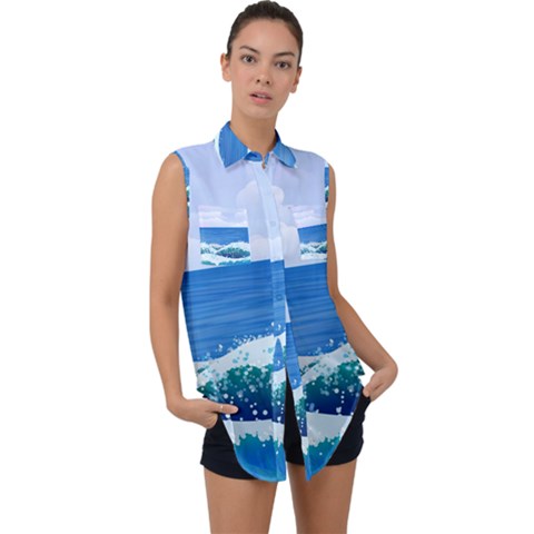 Illustration Landscape Sea Ocean Waves Beach Blue Sleeveless Chiffon Button Shirt by Mog4mog4