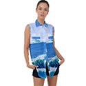 Illustration Landscape Sea Ocean Waves Beach Blue Sleeveless Chiffon Button Shirt View1