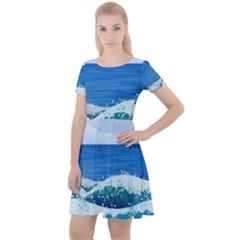 Illustration Landscape Sea Ocean Waves Beach Blue Cap Sleeve Velour Dress  by Mog4mog4