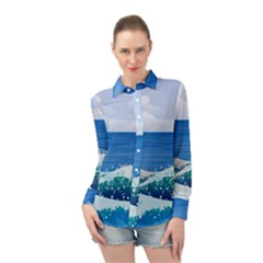 Illustration Landscape Sea Ocean Waves Beach Blue Long Sleeve Chiffon Shirt