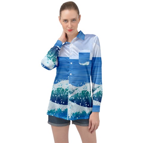 Illustration Landscape Sea Ocean Waves Beach Blue Long Sleeve Satin Shirt by Mog4mog4