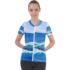 Illustration Landscape Sea Ocean Waves Beach Blue Short Sleeve Zip Up Jacket by Mog4mog4