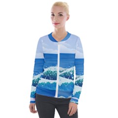 Illustration Landscape Sea Ocean Waves Beach Blue Velvet Zip Up Jacket by Mog4mog4