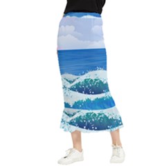 Illustration Landscape Sea Ocean Waves Beach Blue Maxi Fishtail Chiffon Skirt by Mog4mog4