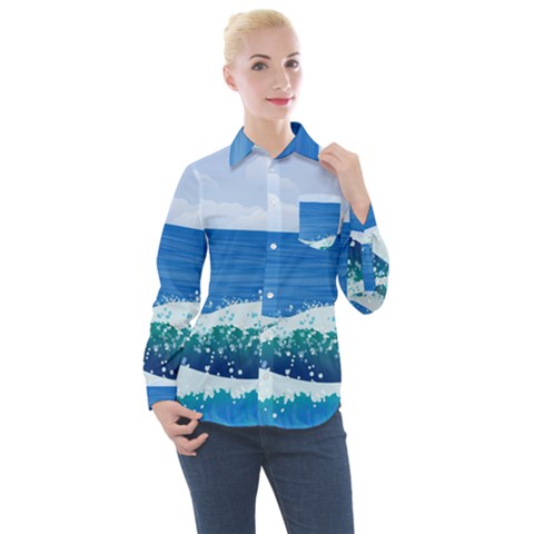 Illustration Landscape Sea Ocean Waves Beach Blue Women s Long Sleeve Pocket Shirt by Mog4mog4