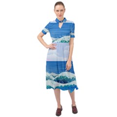 Illustration Landscape Sea Ocean Waves Beach Blue Keyhole Neckline Chiffon Dress by Mog4mog4