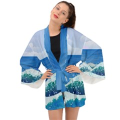 Illustration Landscape Sea Ocean Waves Beach Blue Long Sleeve Kimono by Mog4mog4