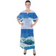 Illustration Landscape Sea Ocean Waves Beach Blue V-neck Boho Style Maxi Dress by Mog4mog4