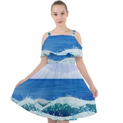 Illustration Landscape Sea Ocean Waves Beach Blue Cut Out Shoulders Chiffon Dress by Mog4mog4