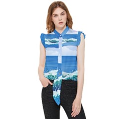 Illustration Landscape Sea Ocean Waves Beach Blue Frill Detail Shirt by Mog4mog4