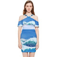 Illustration Landscape Sea Ocean Waves Beach Blue Shoulder Frill Bodycon Summer Dress by Mog4mog4