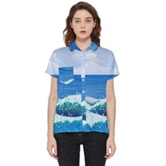 Illustration Landscape Sea Ocean Waves Beach Blue Short Sleeve Pocket Shirt by Mog4mog4