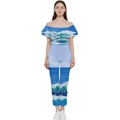 Illustration Landscape Sea Ocean Waves Beach Blue Off Shoulder Ruffle Top Jumpsuit by Mog4mog4