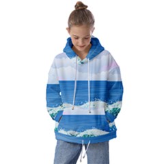 Illustration Landscape Sea Ocean Waves Beach Blue Kids  Oversized Hoodie