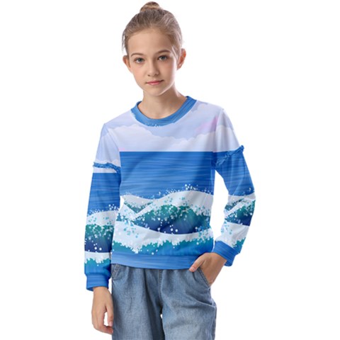 Illustration Landscape Sea Ocean Waves Beach Blue Kids  Long Sleeve Tee With Frill  by Mog4mog4