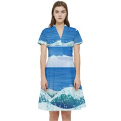 Illustration Landscape Sea Ocean Waves Beach Blue Short Sleeve Waist Detail Dress by Mog4mog4