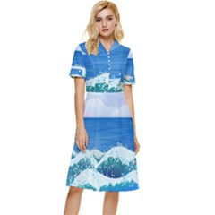 Illustration Landscape Sea Ocean Waves Beach Blue Button Top Knee Length Dress by Mog4mog4