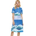 Illustration Landscape Sea Ocean Waves Beach Blue Button Top Knee Length Dress View1