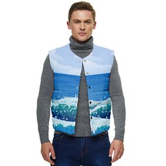 Illustration Landscape Sea Ocean Waves Beach Blue Men s Short Button Up Puffer Vest	