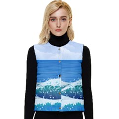 Illustration Landscape Sea Ocean Waves Beach Blue Women s Short Button Up Puffer Vest