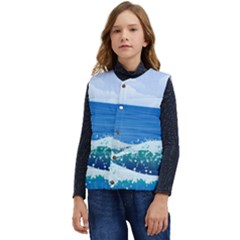 Illustration Landscape Sea Ocean Waves Beach Blue Kid s Short Button Up Puffer Vest	