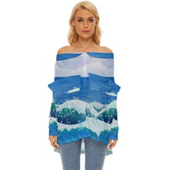 Illustration Landscape Sea Ocean Waves Beach Blue Off Shoulder Chiffon Pocket Shirt by Mog4mog4