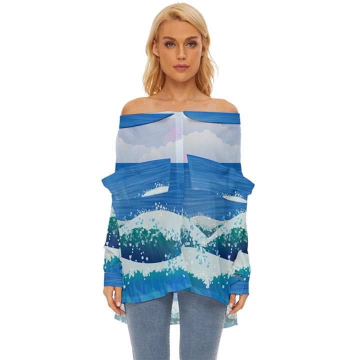 Illustration Landscape Sea Ocean Waves Beach Blue Off Shoulder Chiffon Pocket Shirt