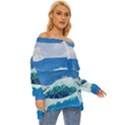 Illustration Landscape Sea Ocean Waves Beach Blue Off Shoulder Chiffon Pocket Shirt View3