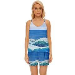 Illustration Landscape Sea Ocean Waves Beach Blue V-neck Satin Pajamas Set by Mog4mog4