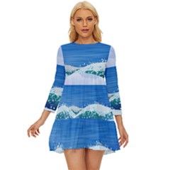 Illustration Landscape Sea Ocean Waves Beach Blue Long Sleeve Babydoll Dress by Mog4mog4